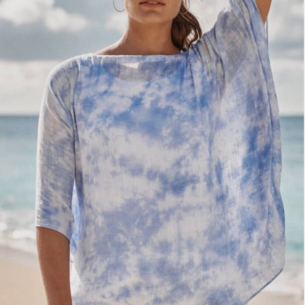CLEARANCE J. Jill Blue White Cloud Tie Dyed Poncho Scarf Cover Up Flowy Boho NWT